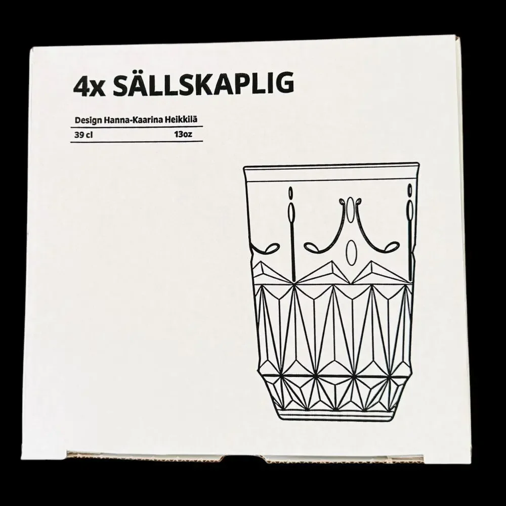 IKEA SALLSKAPLIG Old Fashion Pattern Set of 4 Glasses 13oz clear 804.728.97 New